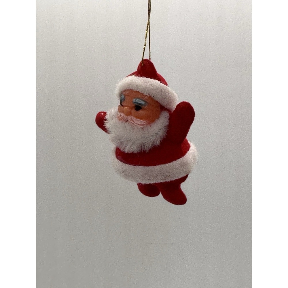 Vintage Flocked Santa Claus Christmas Ornament Plush Red White 2"‎